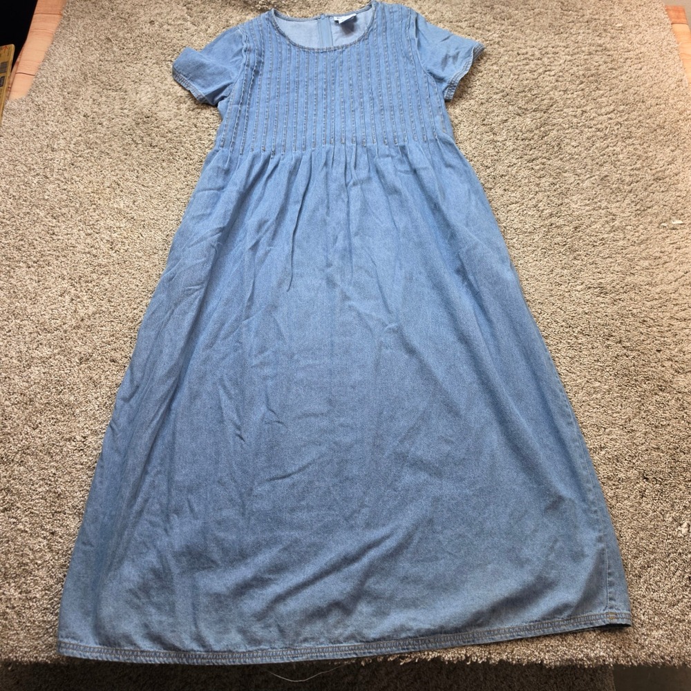 VINTAGE Blair Denim Maxi Dress Womens 10MS Blue Pintuck Short Sleeve Cotton Mumu